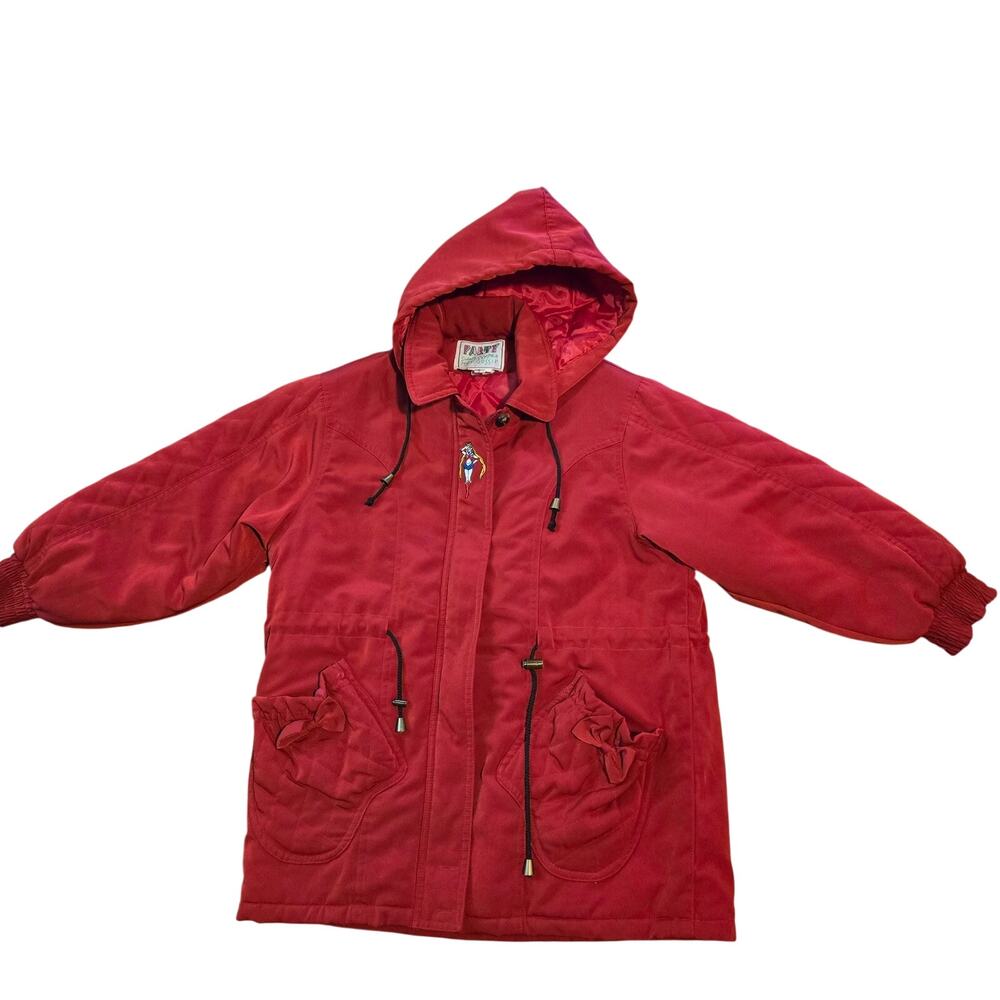 vintage-style red hooded jacket features an embroidered graphic of Sailor Moon